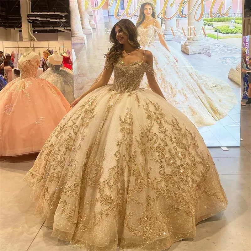 Платье Quinceanera цвета шампанского, золотое, с открытыми плечами, милые платья для 16 лет, вечерние платья принцессы на день рождения, пышное бальное платье, вечернее платье, Vestidos 322