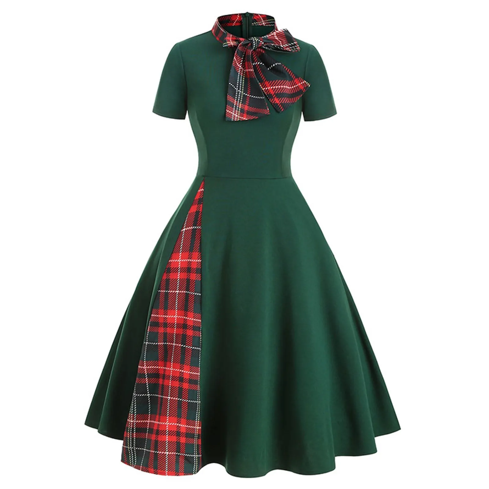 Save Big on Bulk Christmas Party Outfit Women Collar Plaid Dress: Women's  Patchwork Bow Short Sleeve Vintage Christmas Costume Retro Office Party  Midi