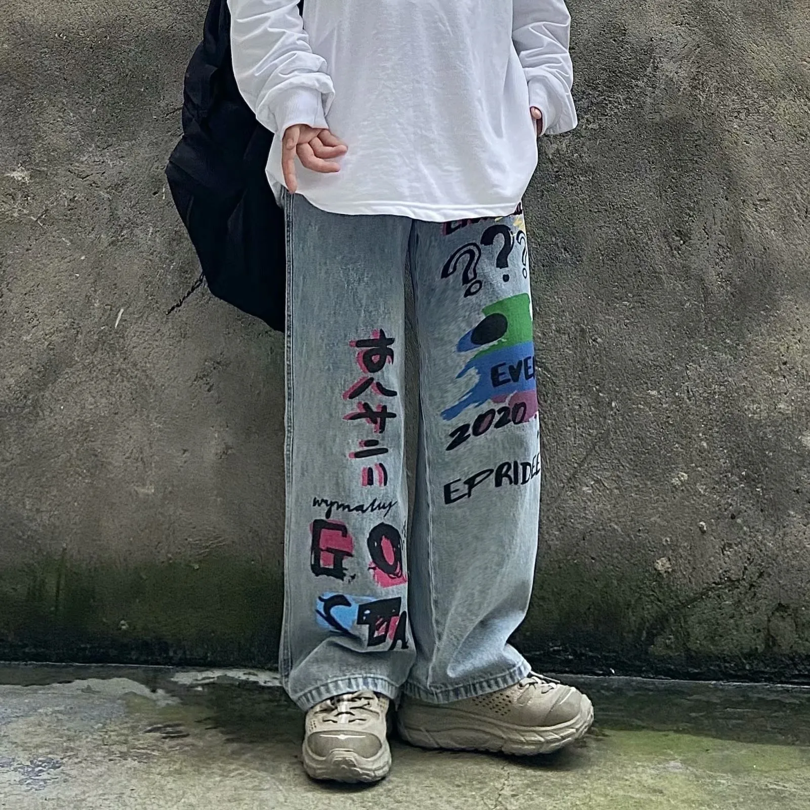 Men's Jeans Trendy brand hip hop graffiti street straight tube wide leg dad loose ins jeans for men and women streetwear hiphop 230904
