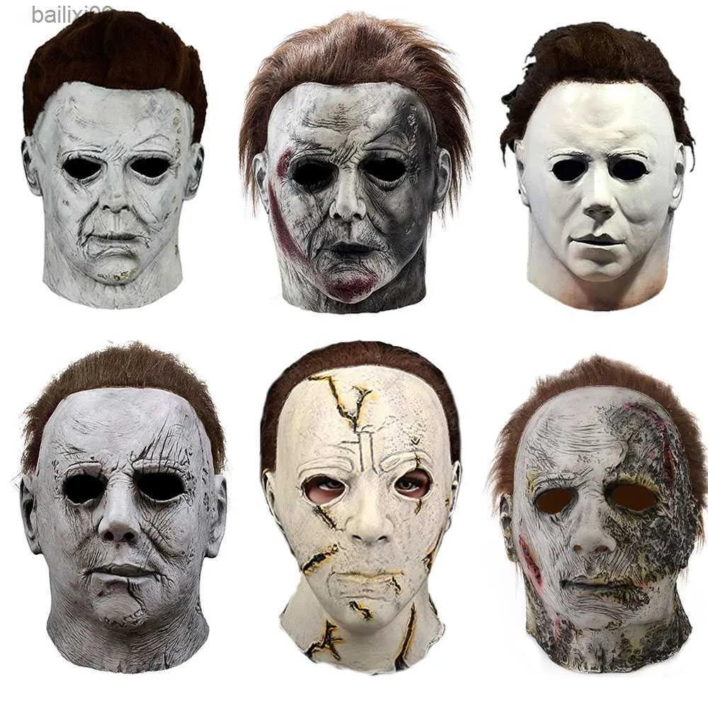 Máscaras de festa Terror Halloween Michael Myers Máscaras com LED Glow Horror Látex Full Head Headgear Scary Face Cover Masquerade Party Supplies T230905