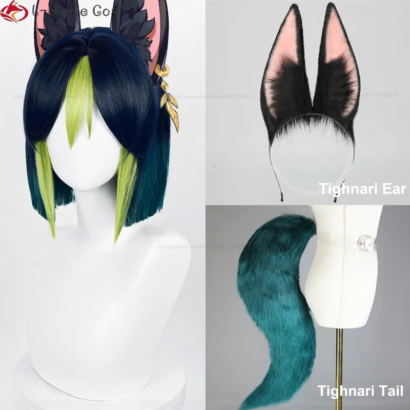 Pelucas de cosplay Juego Genshin Impact Sumeru Tighnari Peluca de cosplay Tighnari 30 cm Pelo sintético corto resistente al calor Pelucas de fiesta de Halloween Peluca Cap 230904