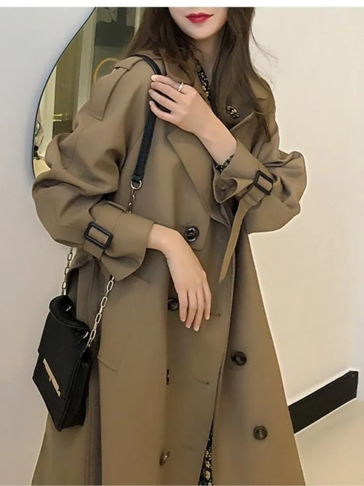 Kvinnor Trenchrockar Spring Autumn Women Casual Solid Color Coat Korean Office Warm Elegant Belted Vintage Overrocks Windbreaker Top Plus Size Jacket 230904