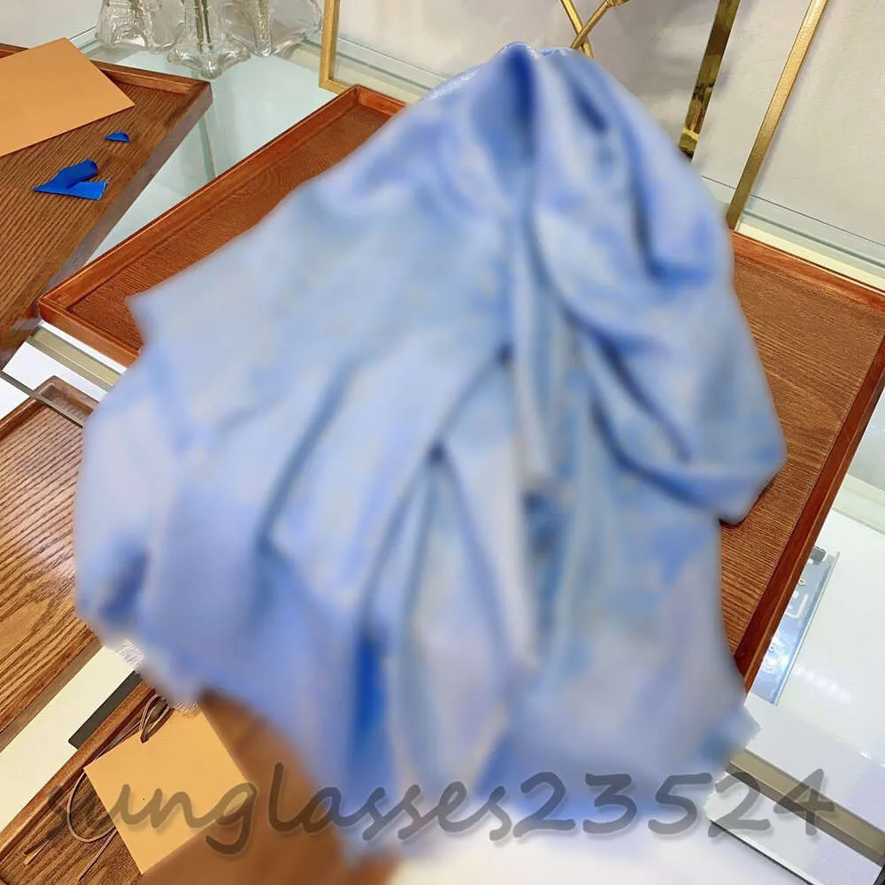 Light blue scarf Silk wool scarf shawl, autumn and winter fashion items, fine silver wire, multi-color, full logo pattern, designer scarf, large square scarf w038