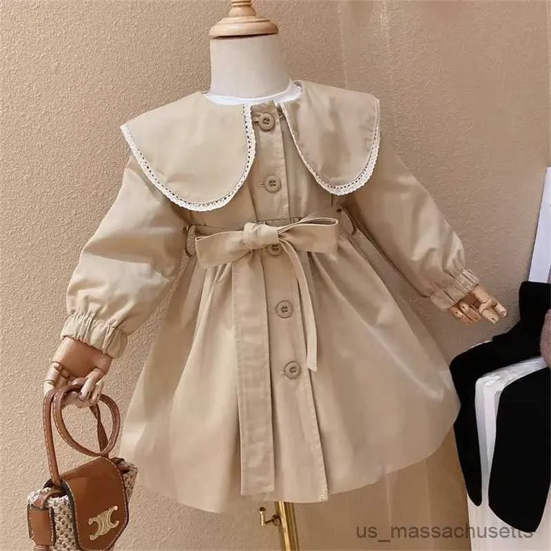 Down Coat 2023 New Girls Coats Fashion Doll Collar Windbreaker Kids Spring Autumn Style Trench Baby Tunic Jacket Girl Clothes R230905