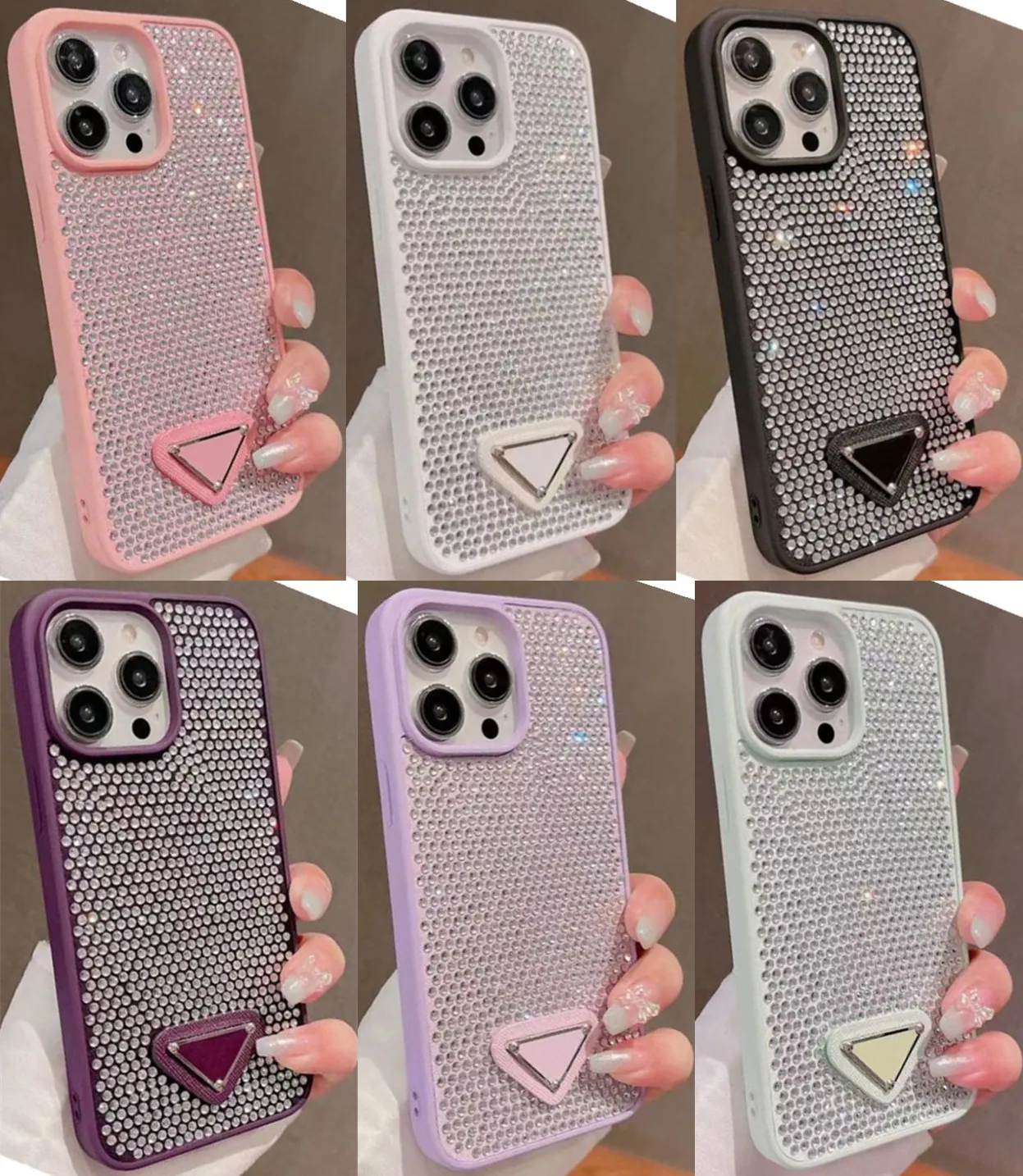 Cajas de teléfono de lujo Bling Glitter para iPhone 15 Pro Max Funda Diseñador de moda Rhinestone Diamond Contraportada 13 14Promax 14 12 11 13Promax Protector Shell Triangle P