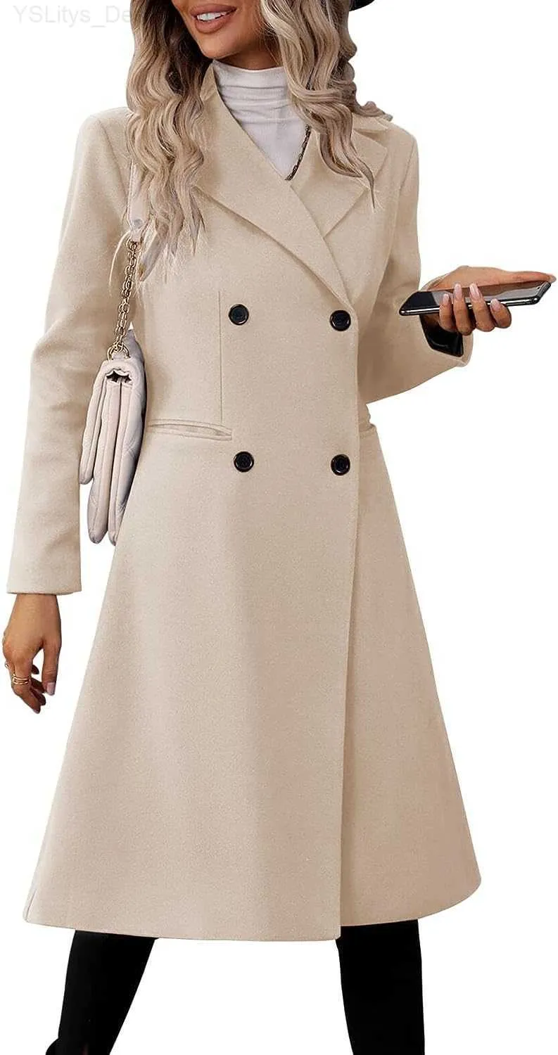 Women s Wool Blends Danedvi Womens Long Double Breasted Coats Lapel Collar Wool Blend Pea Coat Winter Slim Fit Jackets Trench Coat Outwear L230905