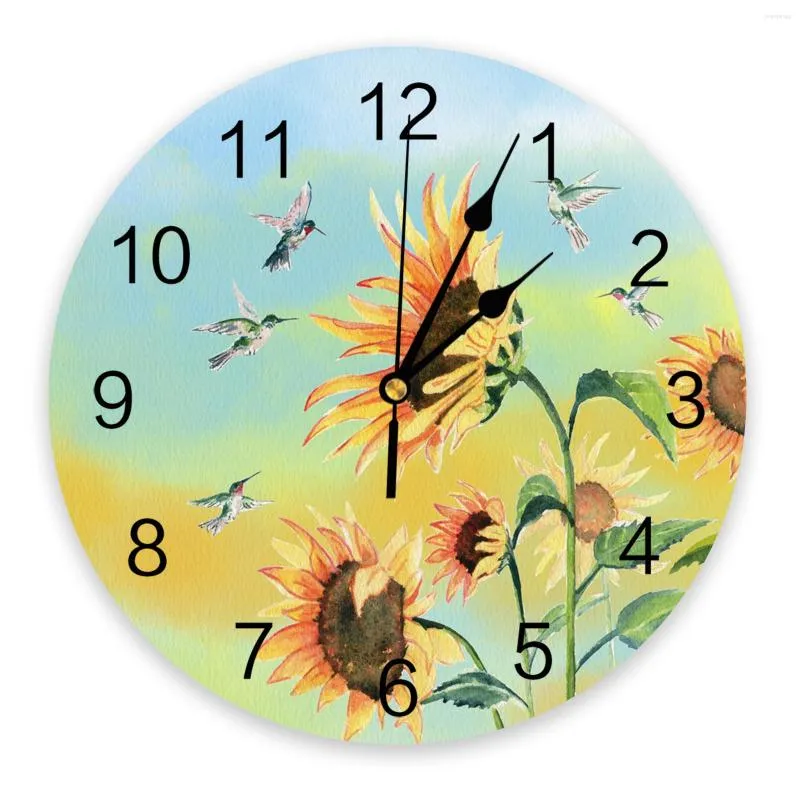 Wall Clocks Watercolor Sunflowers And Flowers Clock Large Modern Kitchen Dinning Round Bedroom Silent Hanging Watch