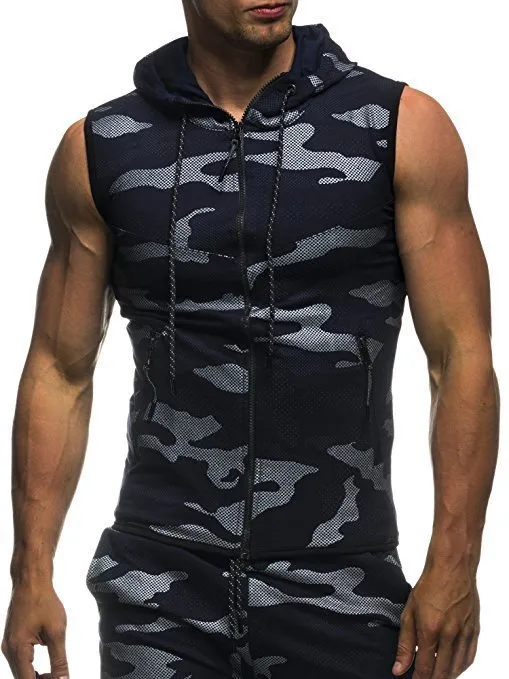 Herrväst med huva camouflage ärmlös träningströja för gym_voghion.com
