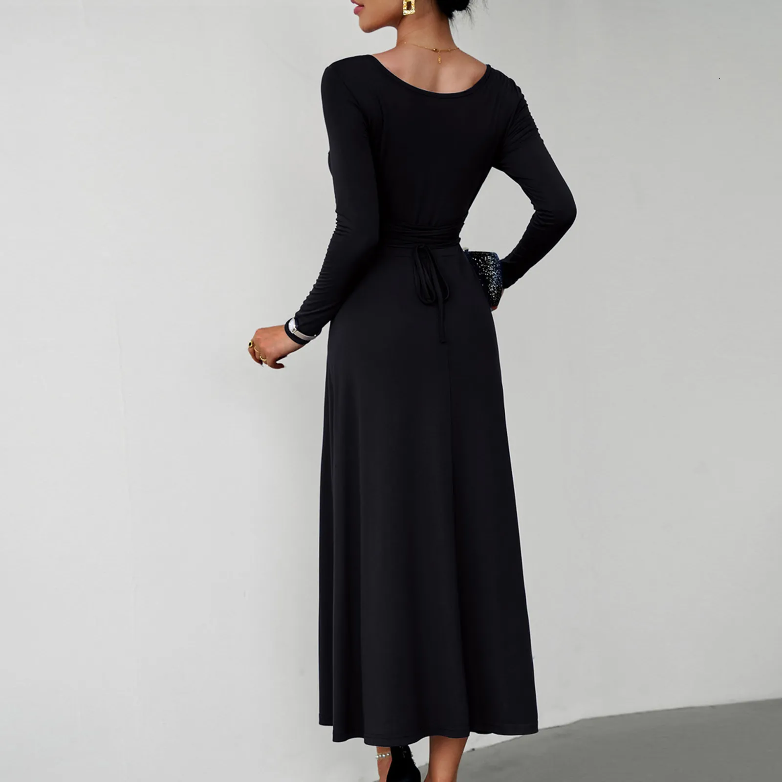 Plus Size Solid Black Dress With Sleeves Elegant Womens Long Sleeve Maxi  Dress Casual Square Neck