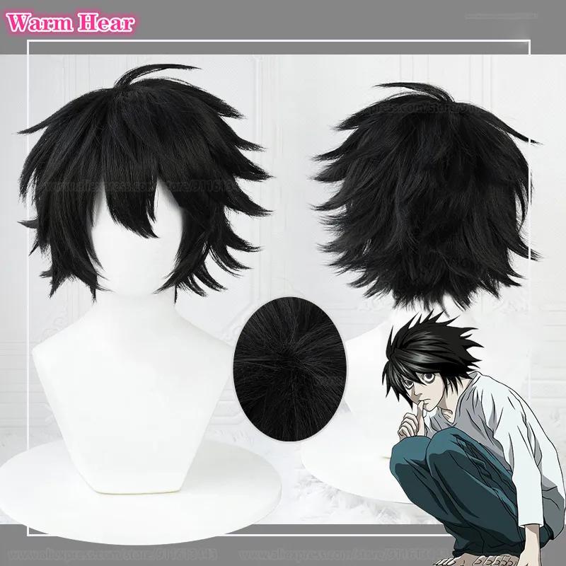 Cosplay Wigs L. Lawliet Cosplay perruque Anime Death Note L Cosplay perruques 35 cm court noir résistant à la chaleur cheveux homme Halloween fête perruques bonnet de perruque 230904