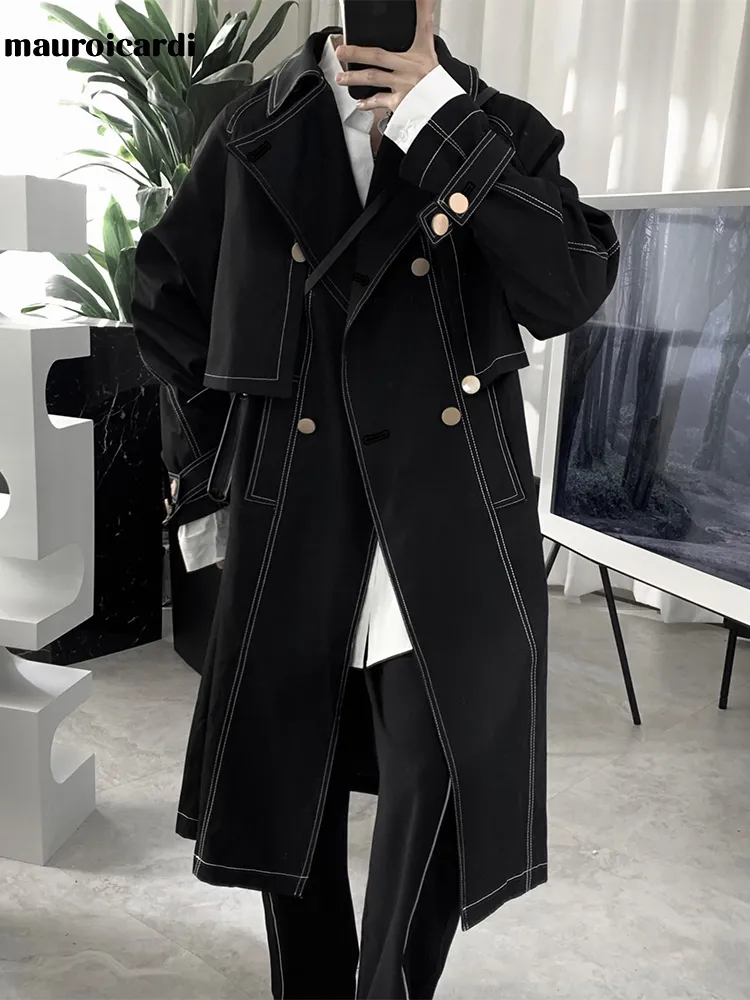 Men's Trench Coats Mauroicardi Spring Autumn Long Loose Cool Black Men Double Breasted Luxury Designer British Style Overcoats for 230904