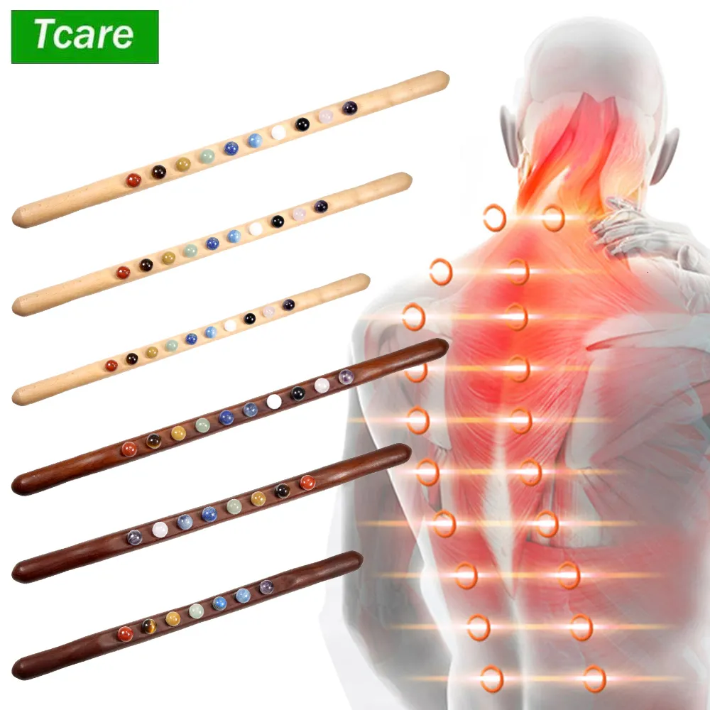 Voltar Massageador Tcare Gua Sha Massagem Vara 10 Jade Stone Beads Pescoço Meridian Dragagem Corpo Raspagem Ferramenta De Madeira Terapia 230904