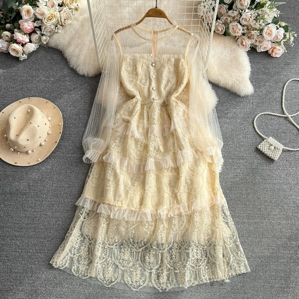 Long Sleeve Navy Lace Dress Mid-Calf A-Line Empire Waist Floral Pattern  Mesh Splice from Dhgate Basic & Casual Dresses - price 42.97