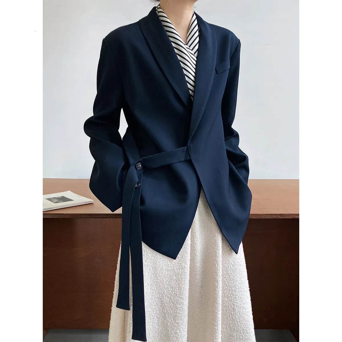 Mulheres ternos blazers highend design xale colarinho terno jaqueta feminina moda solta drape tie 230904