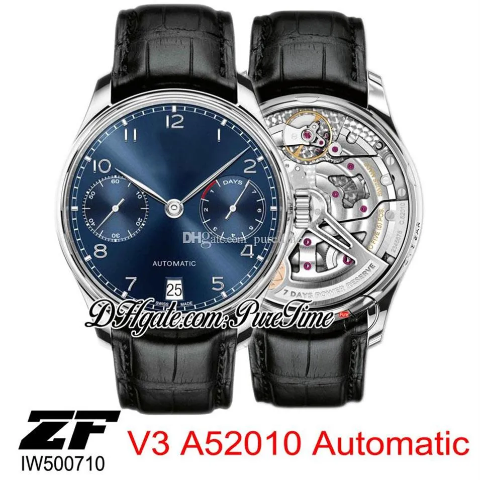 ZF V5 IW500710 Automatique A52010 Réel 7 Jours Réserve De Marche Montre Pour Homme Cadran Bleu Argent Numéros Marqueurs Montres En Cuir Noir Puretime297H