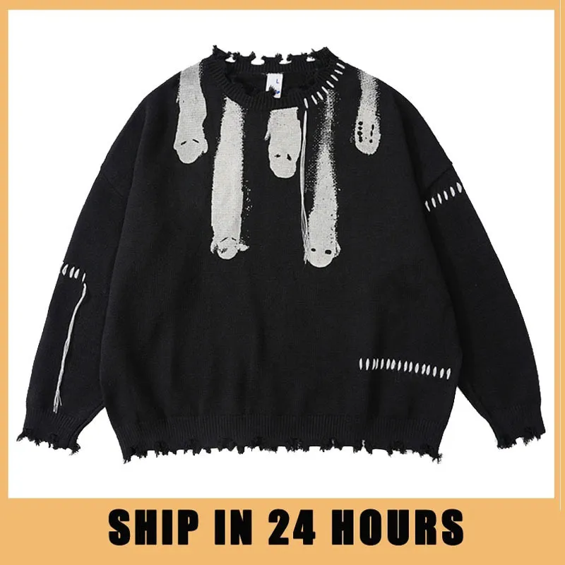 Męskie swetry Hip Hop Knitte Sweters Men Harajuku Vintage Hole Ghost Graphic Skocznicy Streetwear Punk Casual Oversited O-Neck Pullover Unisex 230904