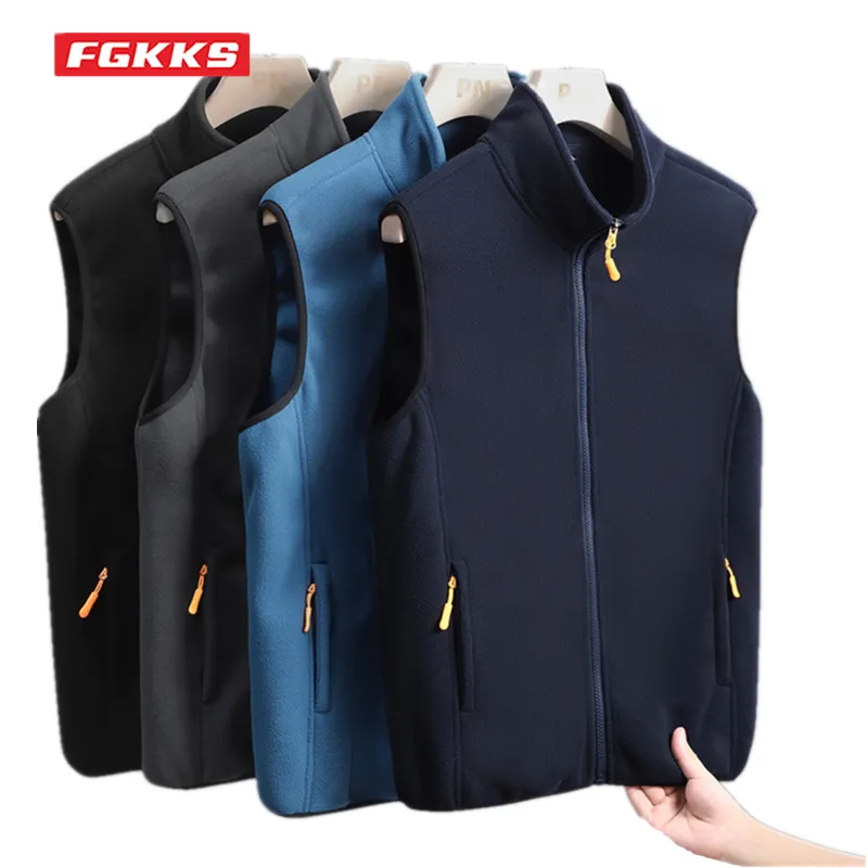 Men's Vests FGKKS Autumn Men Casual Vest Jacket Solid Color Stand Collar Polar Fleece Vest Fishing Hiking Couple Warm Vest Coat Male 230904