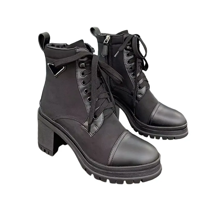 Winter Nylon Boots Designer Monolith Shiny Leather Ankle Combat Boot Platform Wedges Lace Up Tire Embossed Sole Booties Size 35-41