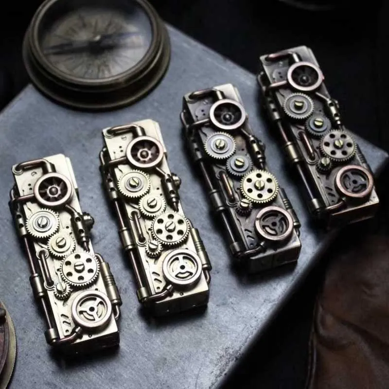 Pure Copper Lanzi Antique Handmade Steampunk Kerosene Lighter Gear Linkage One-key Ignition Creative Men's Gadgets 7IXR