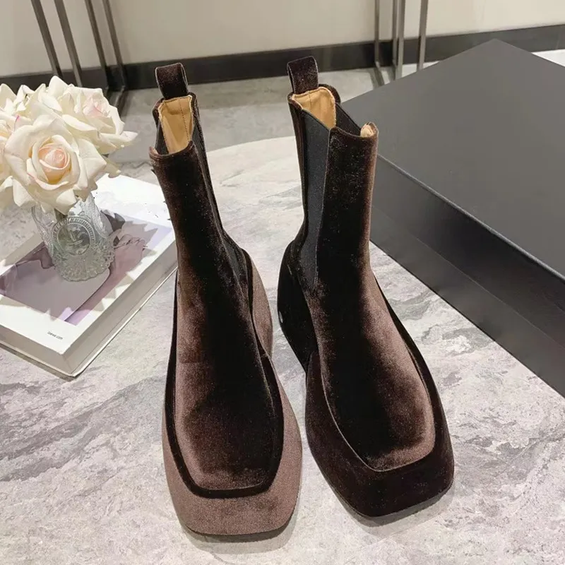 Autumn Velvet Ankle Boots Women`s Bling Suede Platform  Boots Round Toe Thick Sole Elastic Band Banquet Short Boots