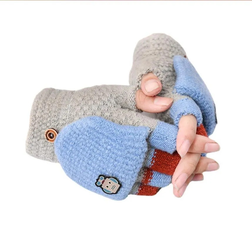 Cute Kids Knit Winter Gloves Child Warm Convertible Fingerless Robot Gloves with Mittens Cover for Girls Boys 3-10Y