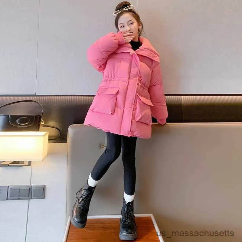 ダウンコート4〜12年冬の女の子ジャケットソリッドカラー暖かいファッションコートフード付きジッパースリムキッズダウンコットン服R230905