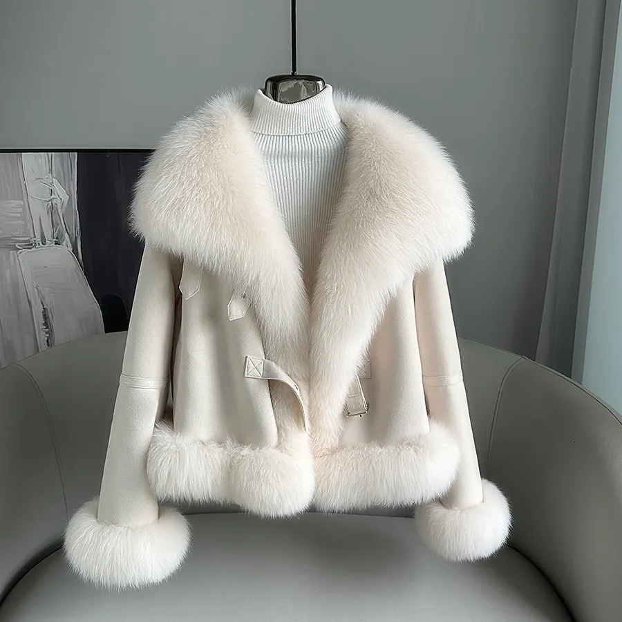 Womens natuurlijke kraag jas dik suède bovenkleding veelzijdige mode jas lange mouw vest losse jas modeontwerper kleding 1J7U4