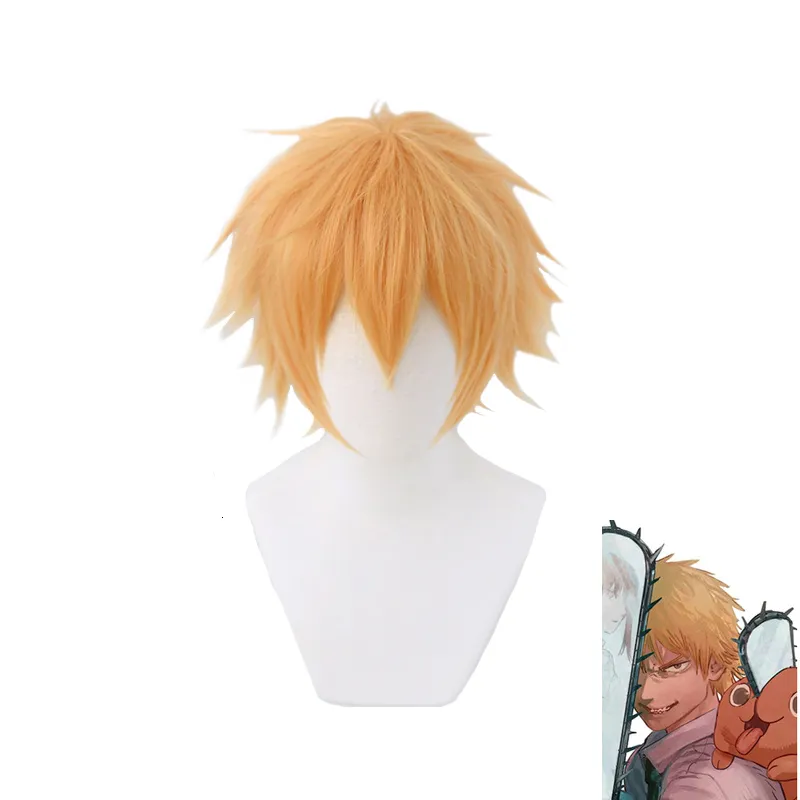 Cosplay perruques tronçonneuse homme Denji perruque Cosplay Costume doré court résistant à la chaleur cheveux synthétiques Halloween 230904