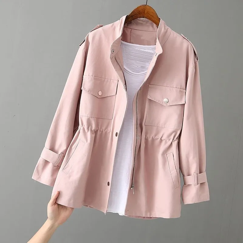Kvinnor Trenchockar Windbreaker Autumn Korean Wild Loose Standcollar Fashion Pink Jacket Female Student Coat Foder 96 230904