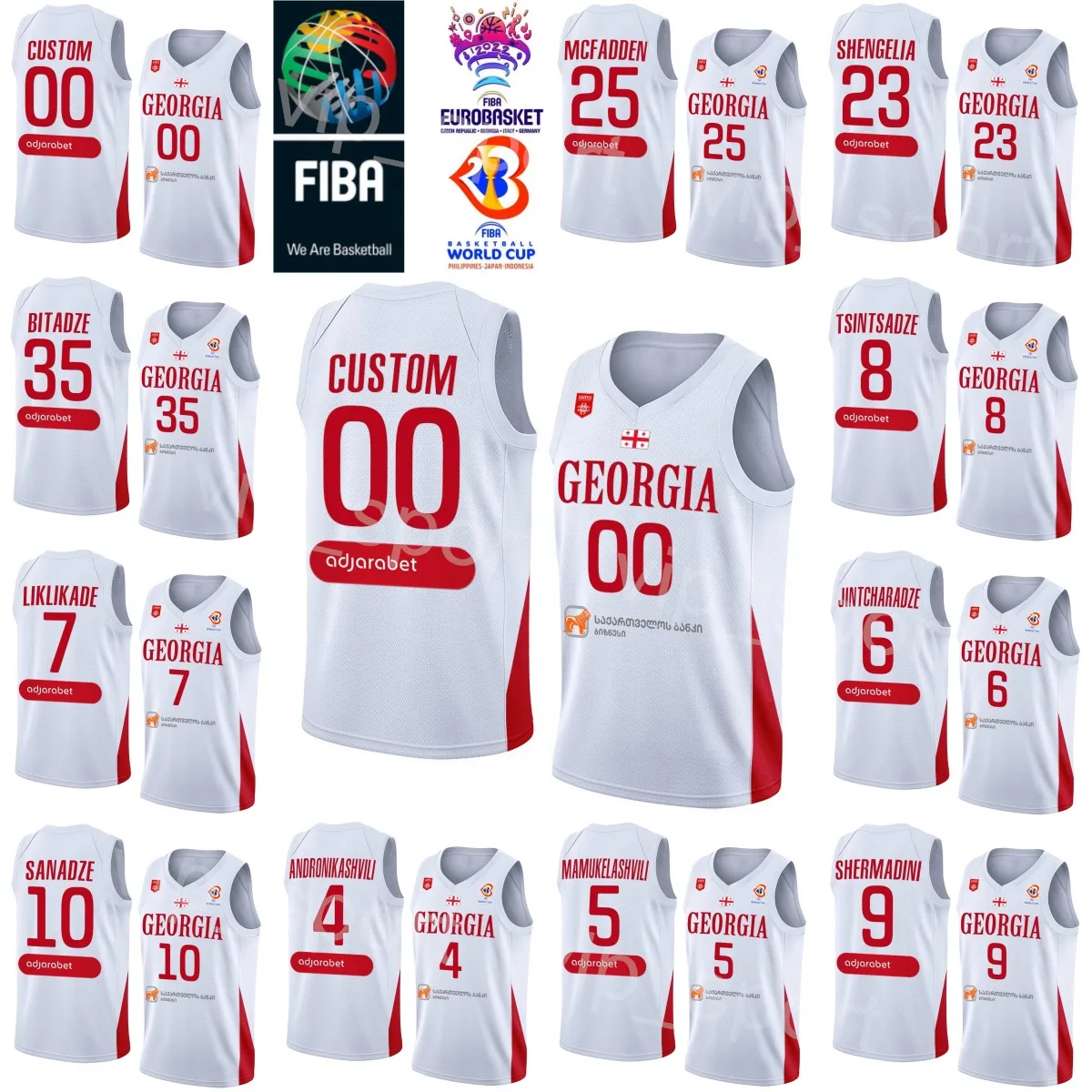 Maglia da basket stampata Georgia 6 Kakhaber Jintcharadze Jersey 9 Shermadini 8 Giorgi Tsintsadze 7 Luka Liklikade 10 Duda Sanadze 2023 Coppa del mondo Nazionale Maschile