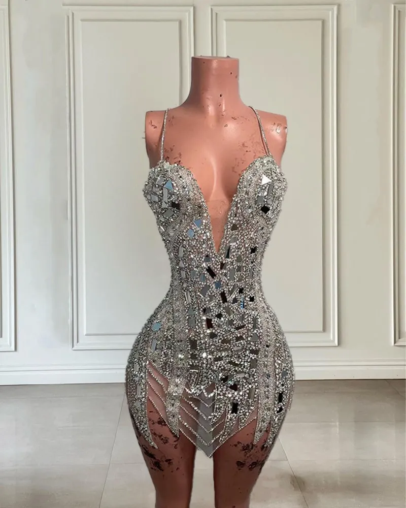 Sparkling Silver Short Prom Dress Fitted Mini Cocktail Gown with Gold  Crystal Beads, Perfect for Birthday Parties Special Occasions