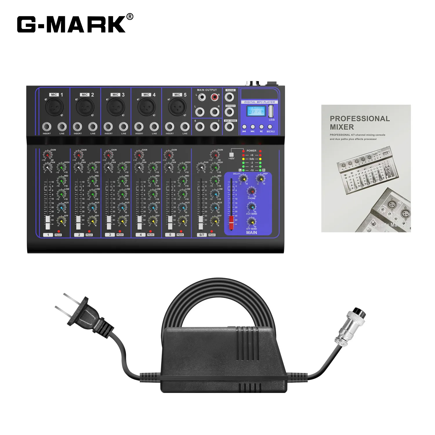 G-MARK F4/F7 Bluetooth Portable Audio Mixer 4/7-Channel DJ Sound Mixing Console Inbyggd USB Mp3 Jack 48V Power för studio, PC-inspelning, scen, Bar Show