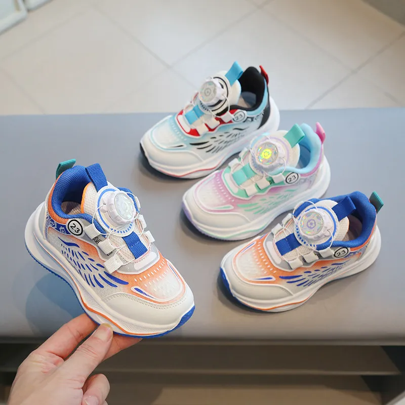 Children Sports Shoes 2023 Autumn Fashion Kids Sneakers Boys Running Shoes Non-slip Rotating Button Girls Casual Shoes Soft Soled Baby Walking Net Shoes