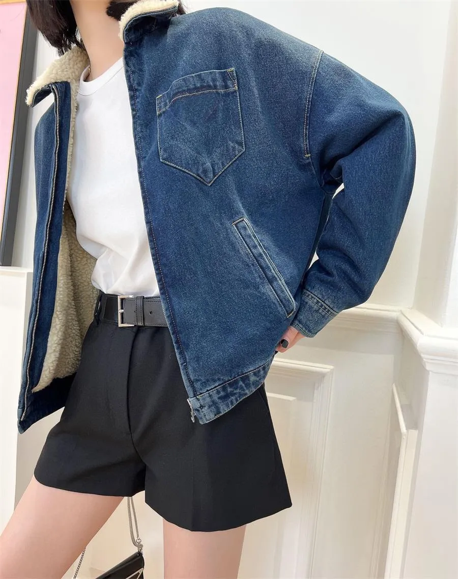 Pra1 new denim jacket women Lambswool Coats 2023 coats designer women winter jacket women Metal triangle logo jacket overcoat birthday Christmas Gift