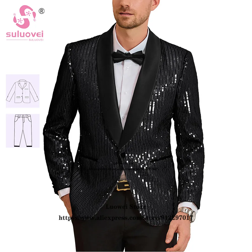 Heren Suits Blazers Fashion Shiny Pargin For Men Slim Fit 2 -delige broek Set Bruidegoms Wedding Sjawl Lapel Tuxedos Blazer Terno Masculino Completo 230904