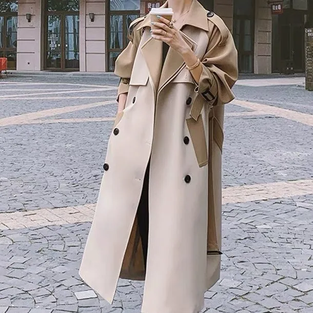 Womens Trench Coats Korean Female Style Double Button Patchwork Windbreaker Long Sleeves Autumn Winter Women Outterkläder 230904