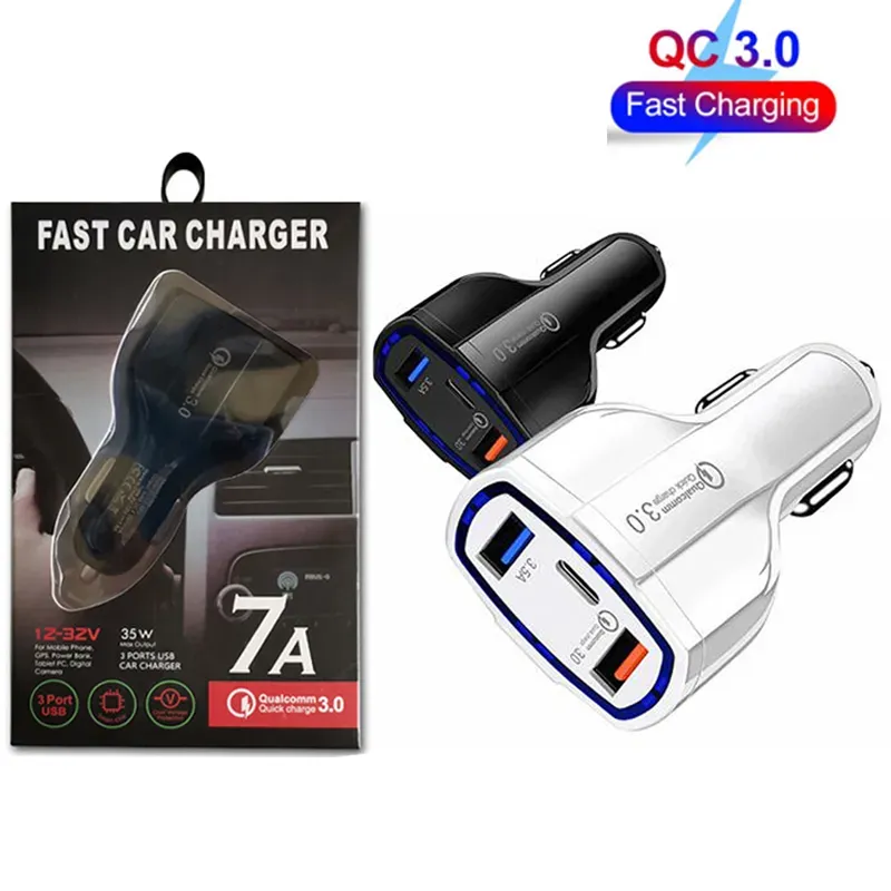 Caricatore per auto da 35 W PD Tipo C Porte USB Caricatore per auto a ricarica rapida 7A Adattatore doppio USB per tutti i caricatori per telefoni cellulari con scatola al minuto