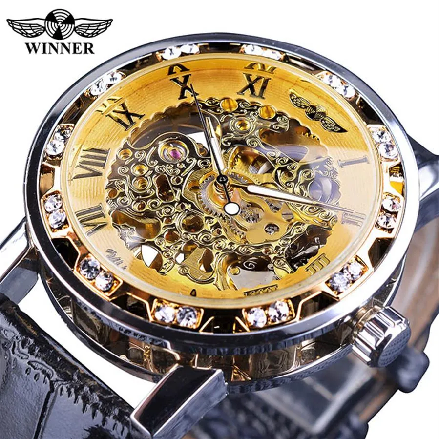 Vinnare Black Golden Retro Luminous Hands Fashion Diamond Display Mens Mechanical Skeleton Wrist Watches Luxury Clock Wat220d