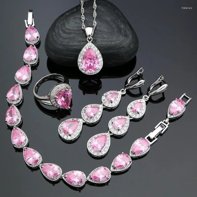 Bröllop smyckesuppsättningar 925 silversatser för kvinnor rosa kubiska zirkoniumvita kristallringarmband hänge halsband långa örhängen