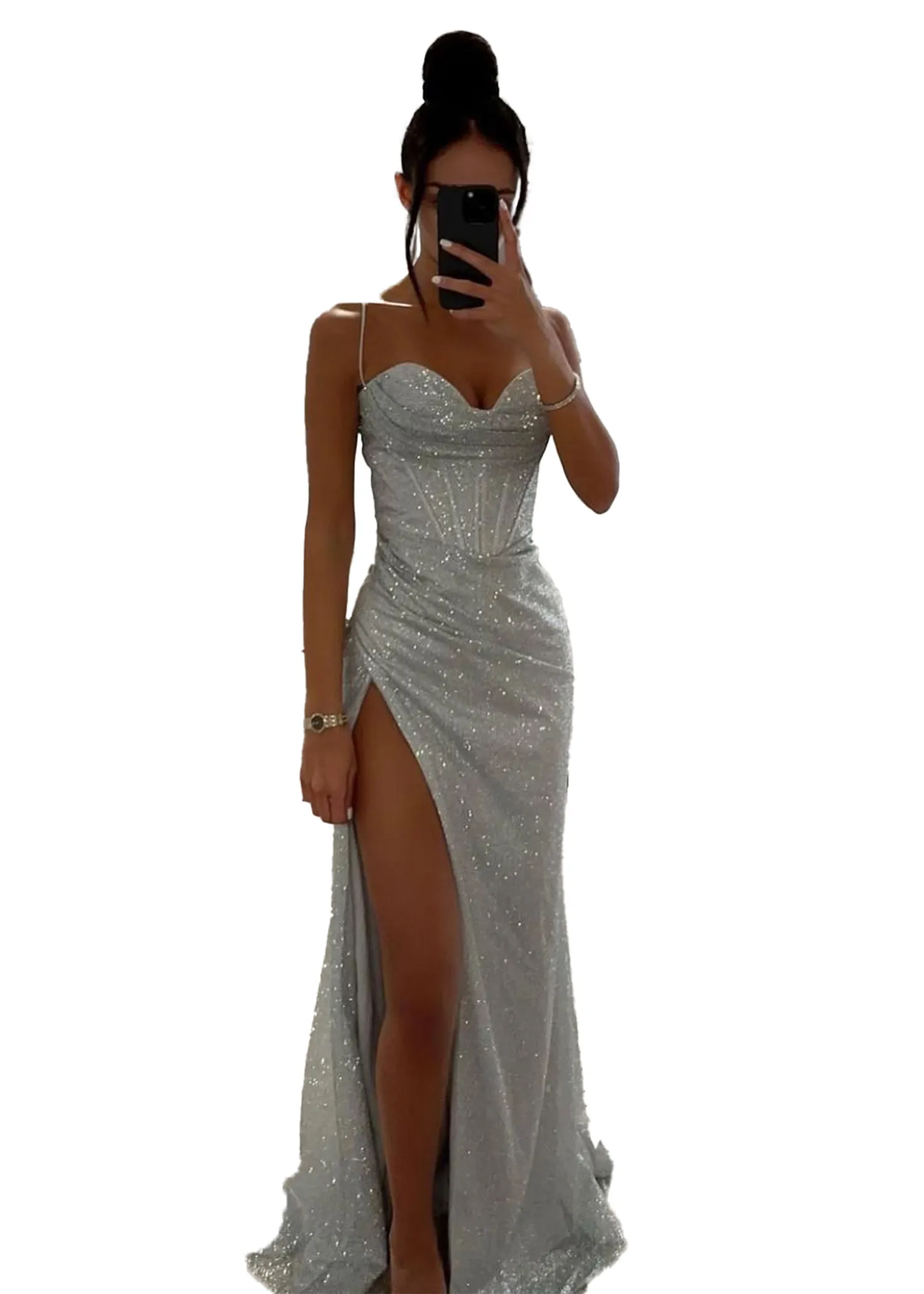 open lace back dress Silver Tulle A-line Spaghetti Straps Long Prom Dresses With Side Split,  MP789 main image 1