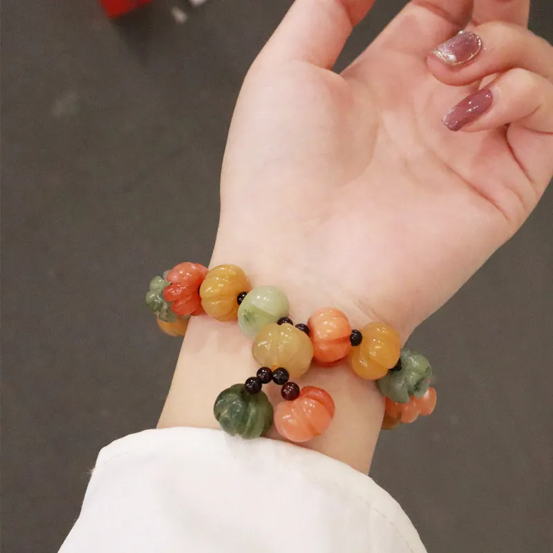 Bracelets en soie dorée naturelle pour femmes, 12mm, grenat de Jade, perles de citrouille multicolores, brins de perles, bijoux fins