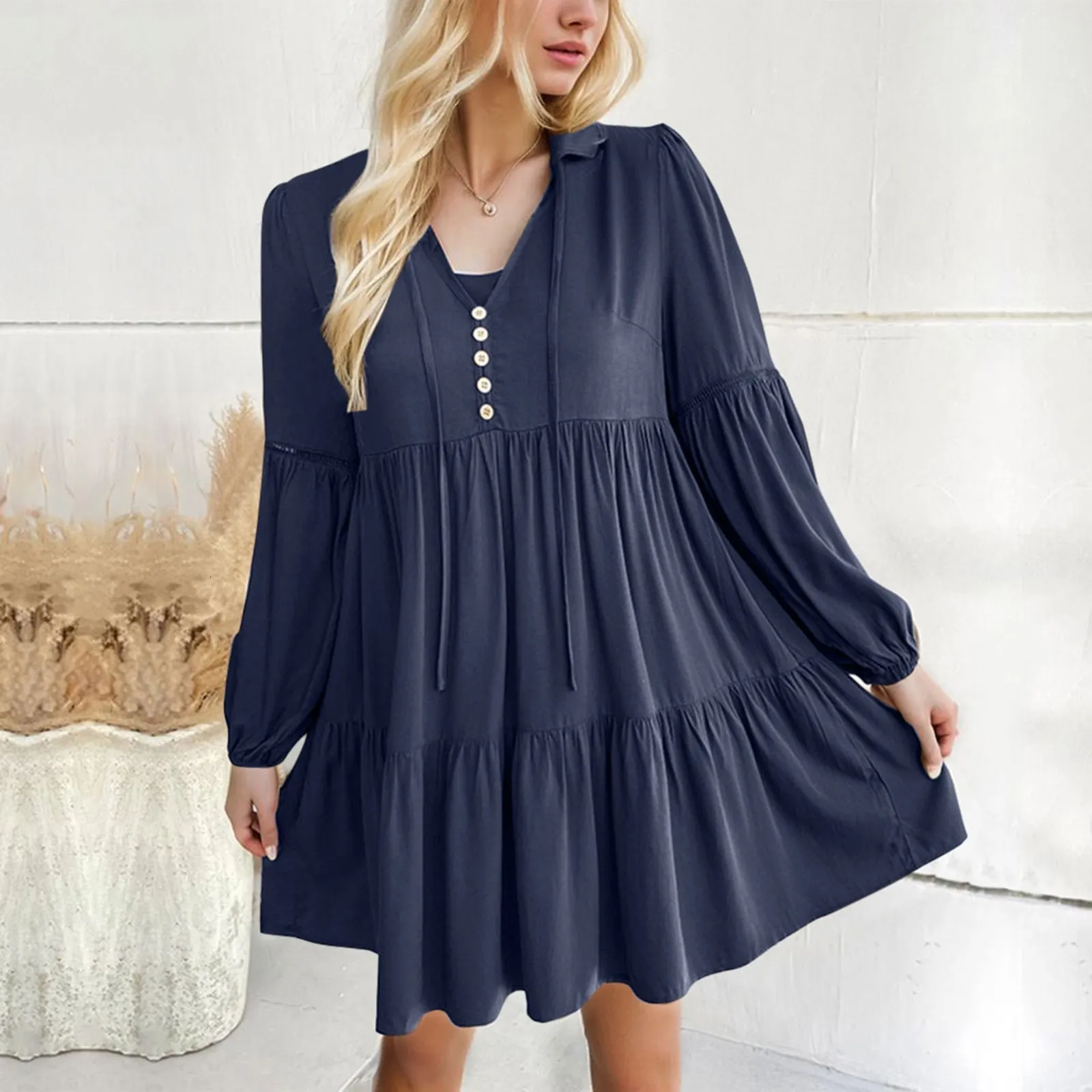 Grundlegende Casual Kleider Frau Herbst Mini Kleid Kleidung Süße Lange Flare Hülse Vneck Hohe Taille Lose Chiffon Koreanischen Stil Aline 230904