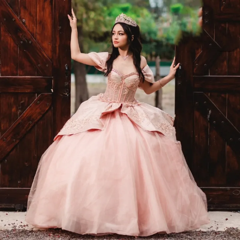 Rosa glänzendes Quinceanera-Kleid Schatzkleider Baile Vestidos De 15 Quinceanera Luxus-Perlen-Applikations-Blumen-Prinzessin-Kleid