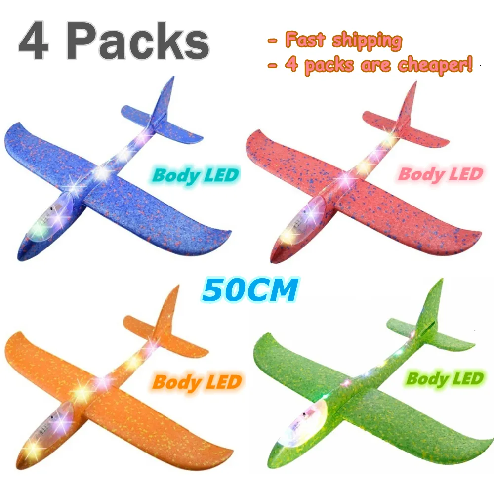 Aircraft Modle 4Packs 50CM Foam Plane Kits Flying Glider Toy With LED Light Hand Throw Airplane Sets Outdoor Game Aircraft Model Toys For Kids 230904