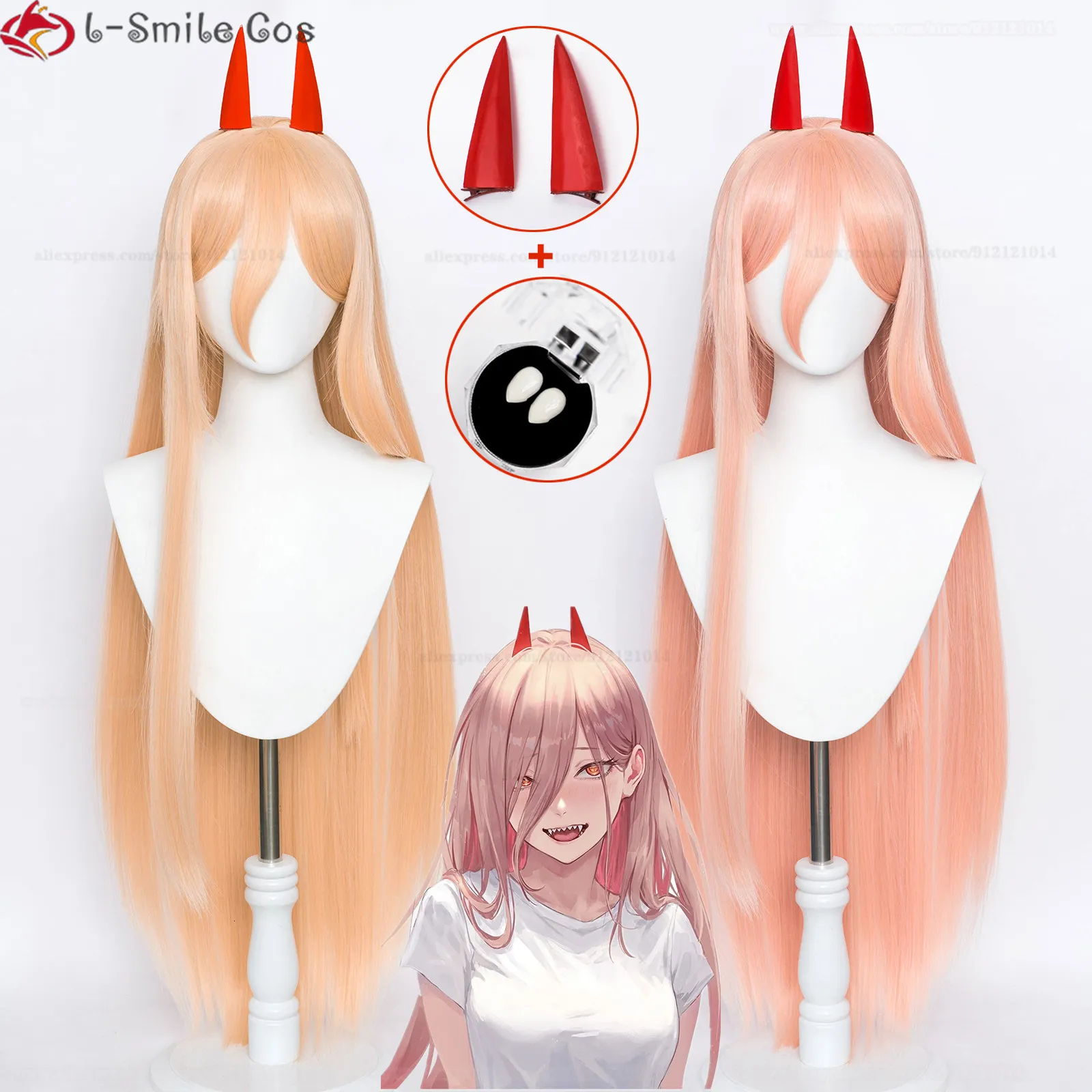 Cosplay Wigs Anime Chainsaw Man Cosplay Power Wig Cosplay Long Type 2 Color Hair Heat Resistant Makima Power Wigs Props Horns Teeth Wig Cap 230904