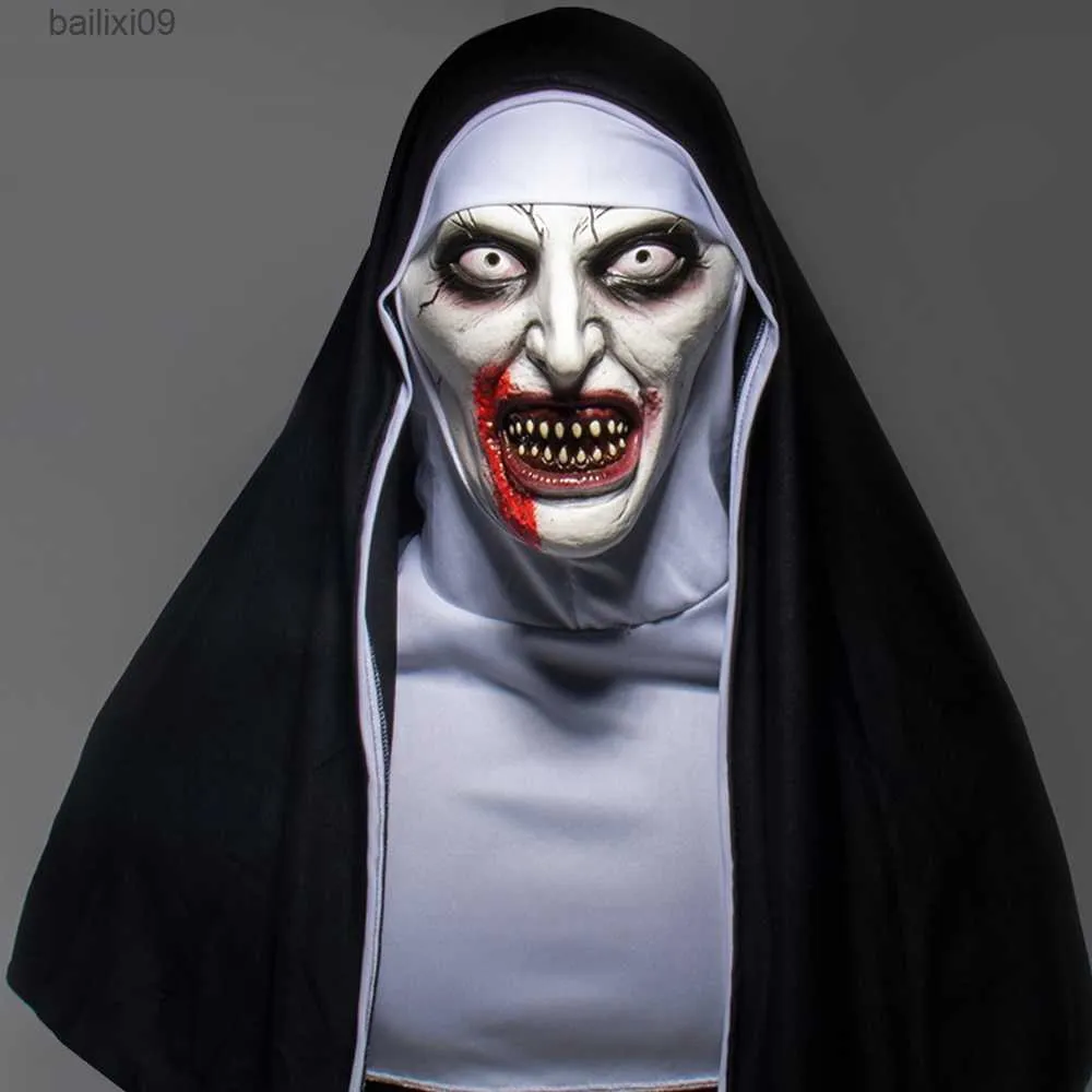 Маски для вечеринок Creppy Nun Mask Косплей Ужасы Латексные маски с платком Анфас Шлем Хэллоуин Одеваются Маскарад Костюм для вечеринки Реквизит T230905