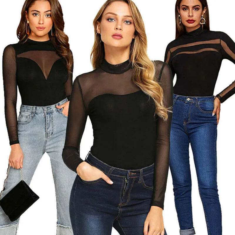 Women's Jumpsuits Rompers Women High Neck Geometric Mesh Sheer Bodysuit Jumpsuit Ladies Mesh Hollow Long Sleeve Leotard Tops Clubwear 230904