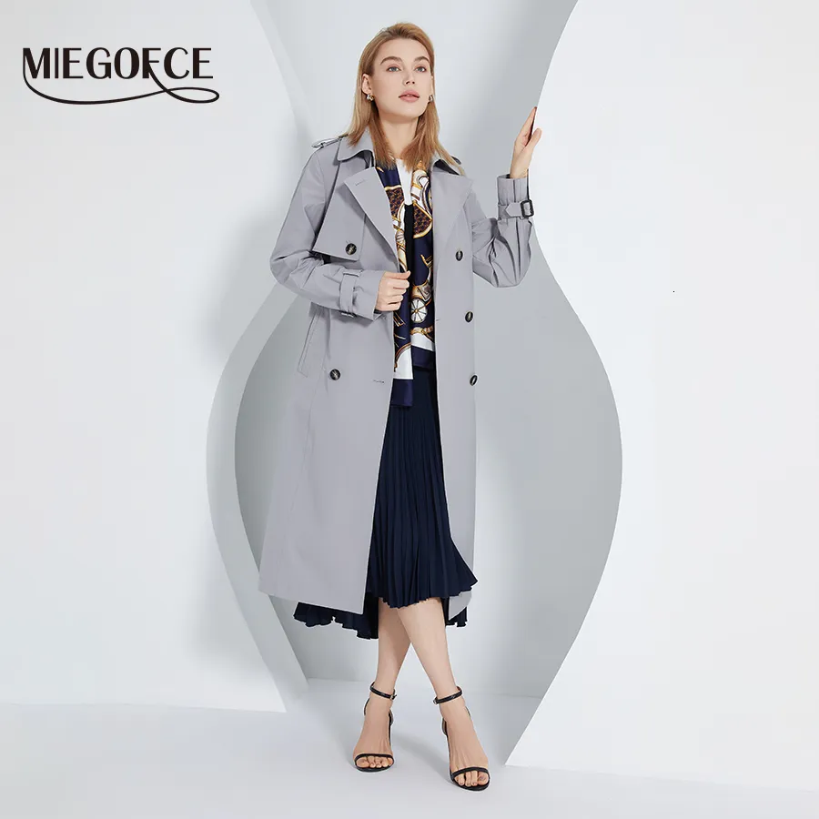 Women Trench Coats Miegofce Spring Autumn British Style Lady Lapel Long Płaszcz Solidny Pasek Pasek Scyk