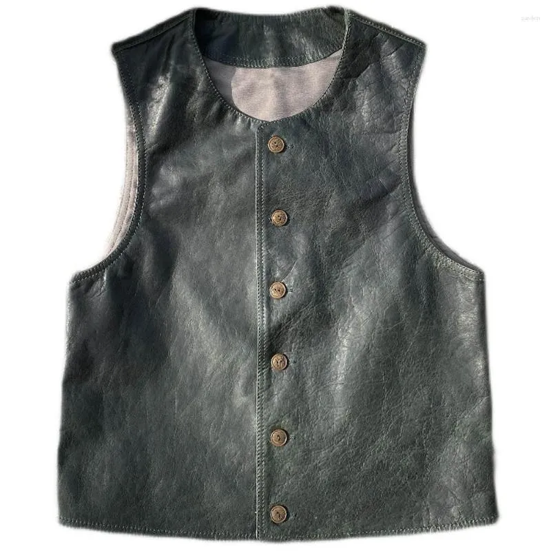 Chalecos para hombres Moda japonesa Capa superior Horseskin Mans Chaleco Abrigo Traje de trabajo Chaleco para hombres Retro Vintage Cuero genuino Ropa exterior Weskit