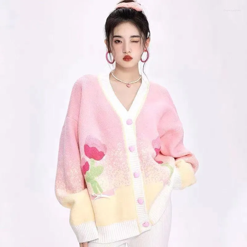 Cardigan tricoté à fleurs avec nœud en Jacquard pour femme, manteau tricoté avec boutons d'amour progressif, pull ample, Style Preppy, automne hiver